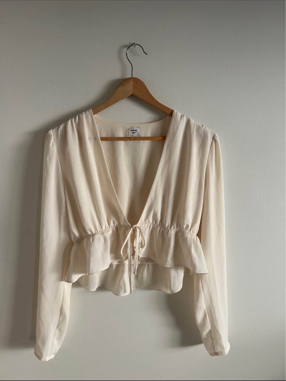 Sunday best Light Cream V-Neck Ruffle Tie-Front Blouse